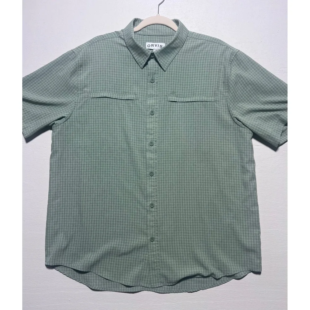 Orvis Mens XL Sage Green Micro Check Short Sleeve Performance Button Down Shirt